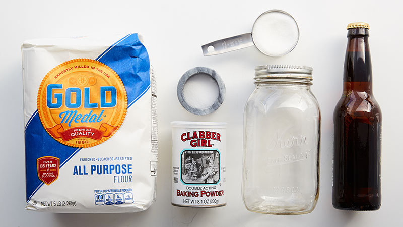 Flour, sugar, baking soda, salt, canning jar, beer