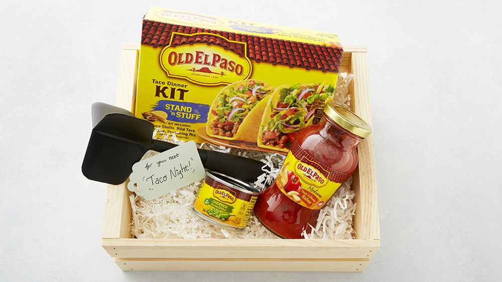 taco night gift basket with taco shells kit, salsa, green chiles, ground beef tool