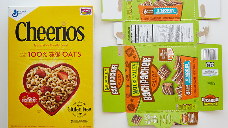 Cheerios box, granola bars box