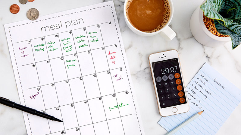 Calendar, pen, cup of coffee, calculator, grocery shopping list, plant, pennies, quarter