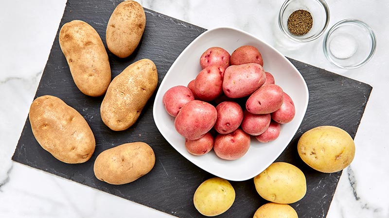 White, red and yellow potatoes.