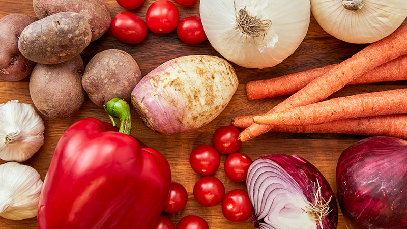 Potatoes, carrots, onions, garlic, cherry tomatoes, parsnips