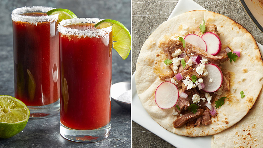 michelada cocktail and stovetop carnitas on a tortilla