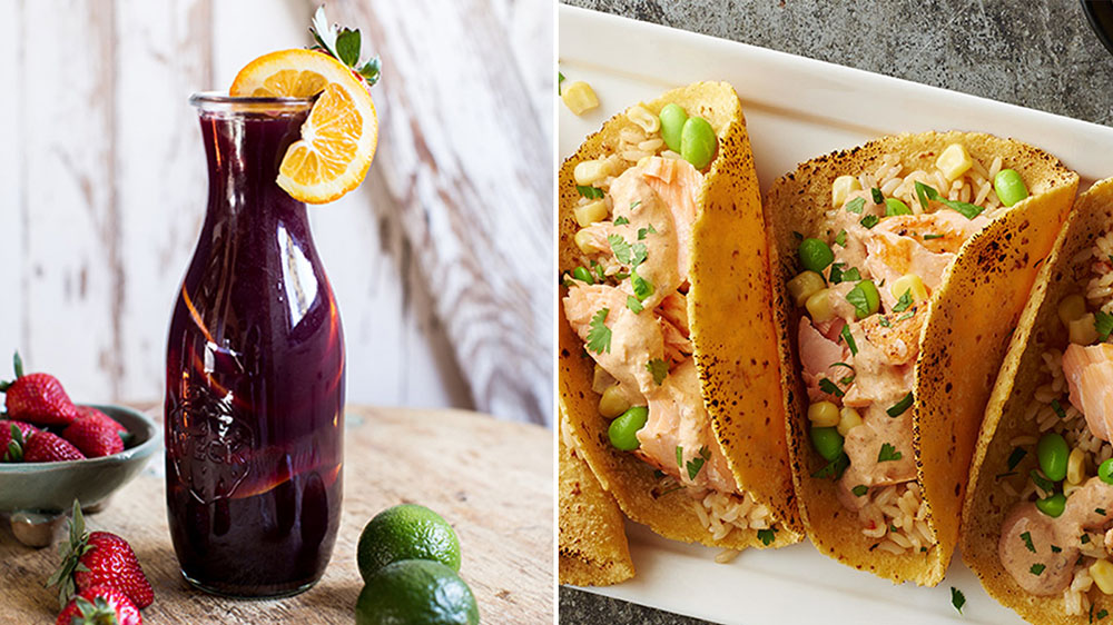 red sangria and salmon fish tacos