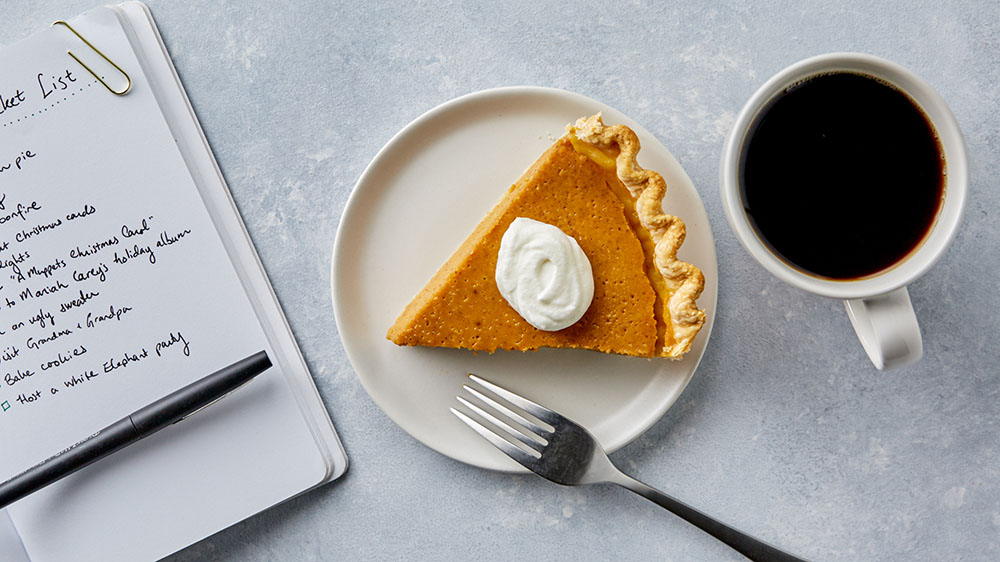 piece of pumpkin pie, coffee cup, lists