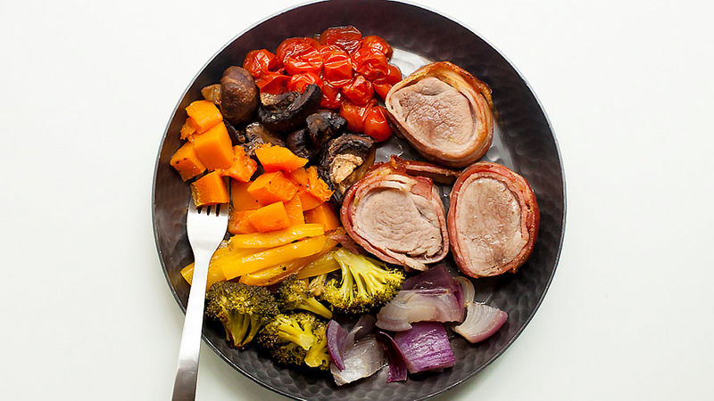 Bacon Wrapped Pork Tenderloin with Rainbow Roasted Veggies