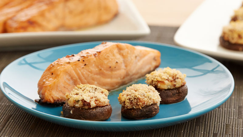 Baked Salmon with Bacon-Stuffed Mushrooms
