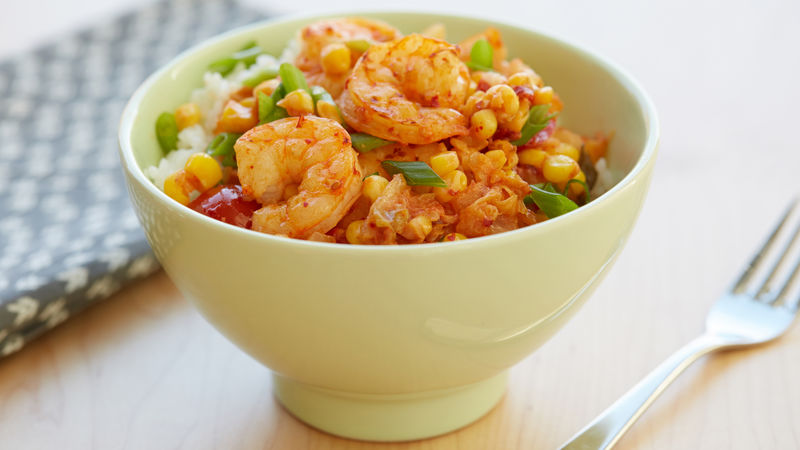 Broiled Shrimp, Corn and Tomatoes with Kimchi