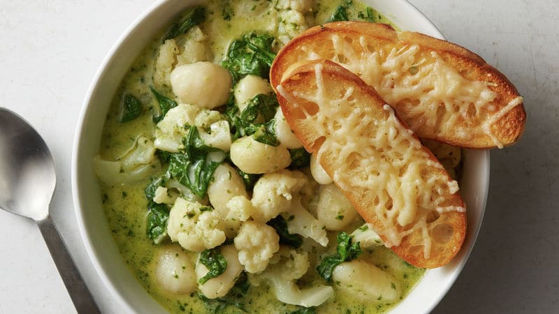 Cauliflower Pesto Gnocchi Soup with Parmesan Croutons
