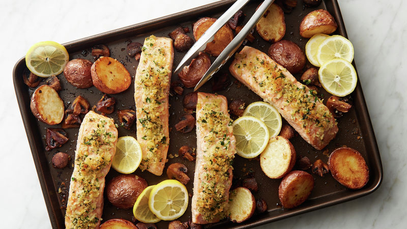 One Pan Roasted Salmon Potato and Mushroom Dinner