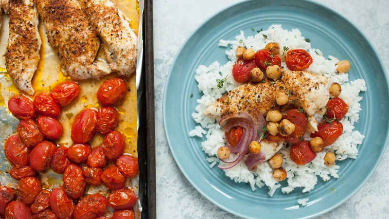 Sheet Pan Chicken with Roasted Cherry Tomatoes and Chickepeas