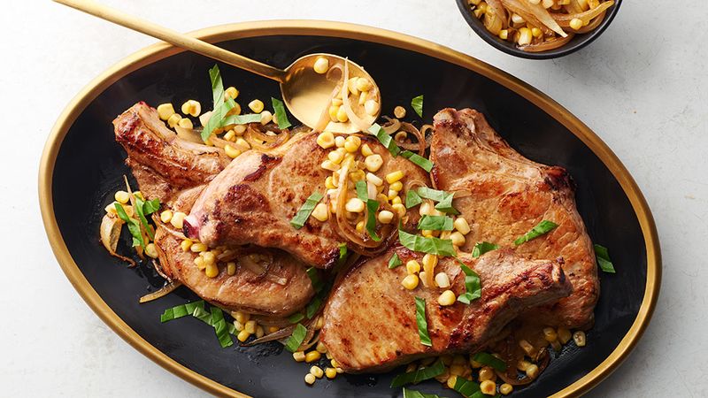 Whiskey Butter Pork Chops with Corn