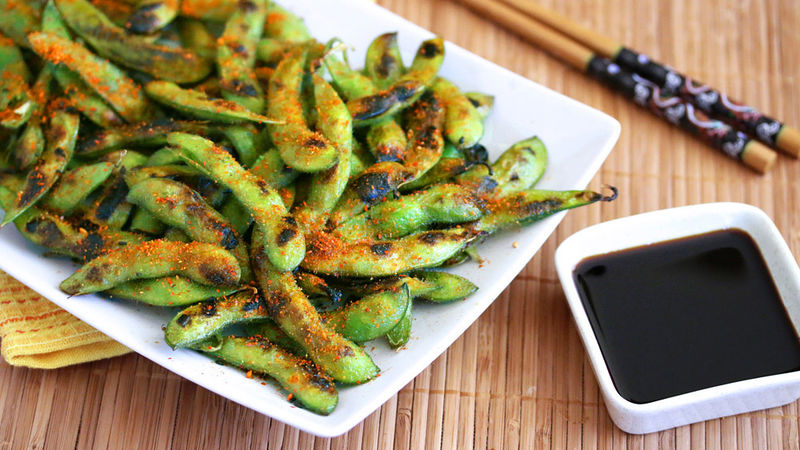 spicy grilled edamame snack